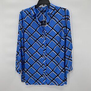 Kaari Blue Plaid Pleated Back Long Sleeve Button Down Blue/Black Women's Size OX